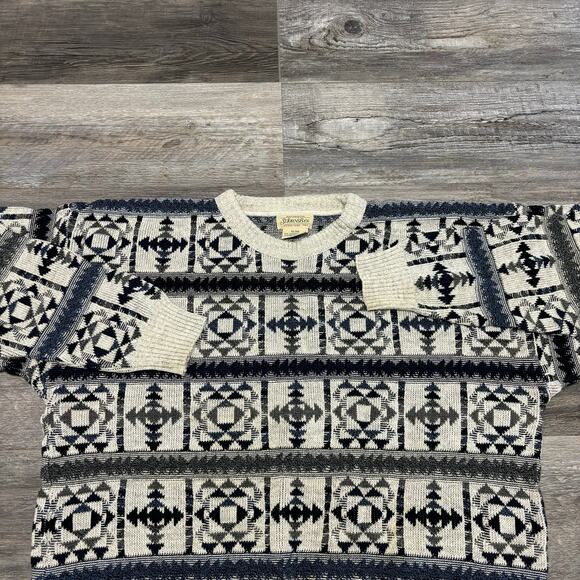 Vintage 90s St John's Bay Gray Blue Mens XL Geometric Chunky Patterned Sweater‎ - Picture 1 of 8